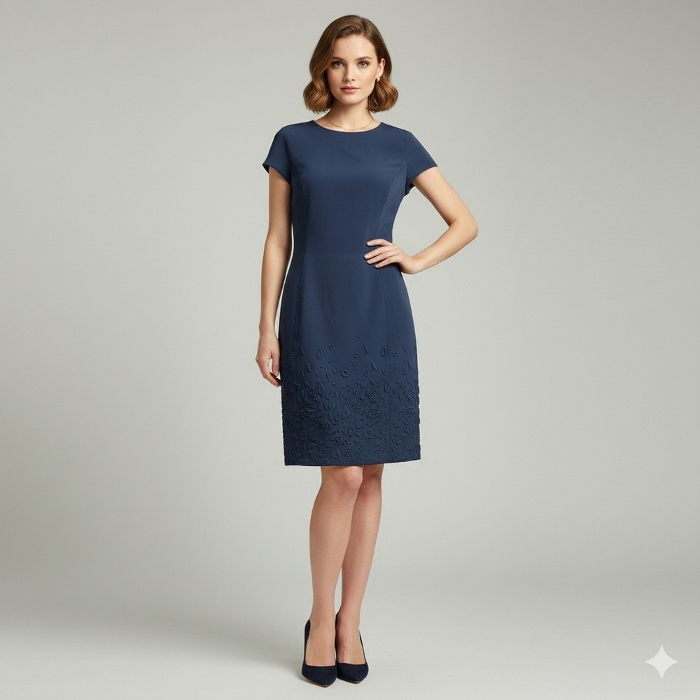 PH5 Navy Blue Sheath Dress Short Sleeve Textured Hem Women US 6 EU 40 UK 10